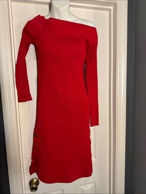 C/MEO Collective Red Off the Shoulders Ribbed Knit Dress